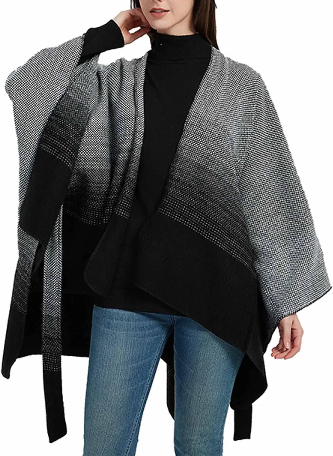 Women's Sweater Poncho Coat, Women's Shawl Wrap Poncho Cape Belt Gradient Cardigan Sweaters Open Front for Fall Winter