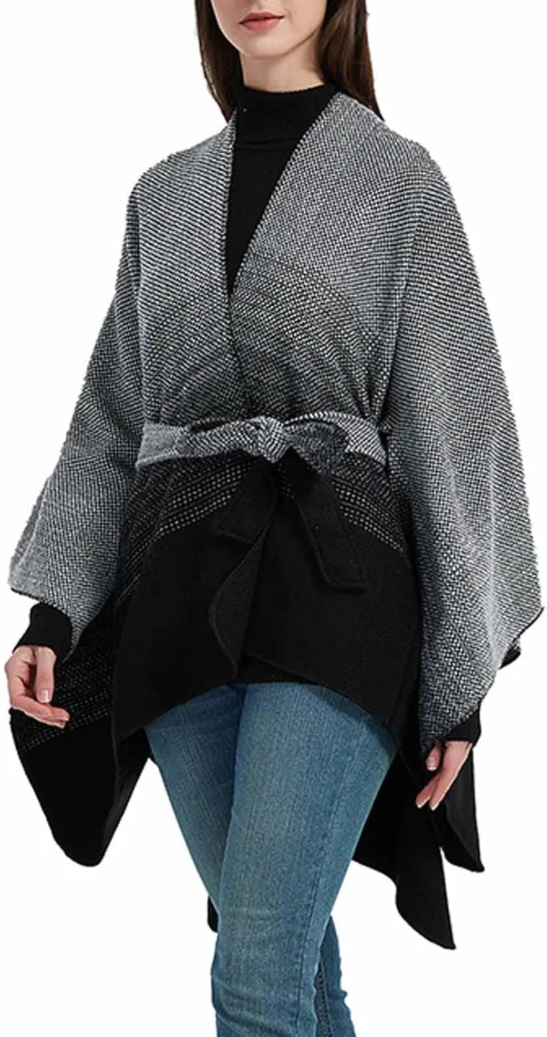 Women's Sweater Poncho Coat, Women's Shawl Wrap Poncho Cape Belt Gradient Cardigan Sweaters Open Front for Fall Winter
