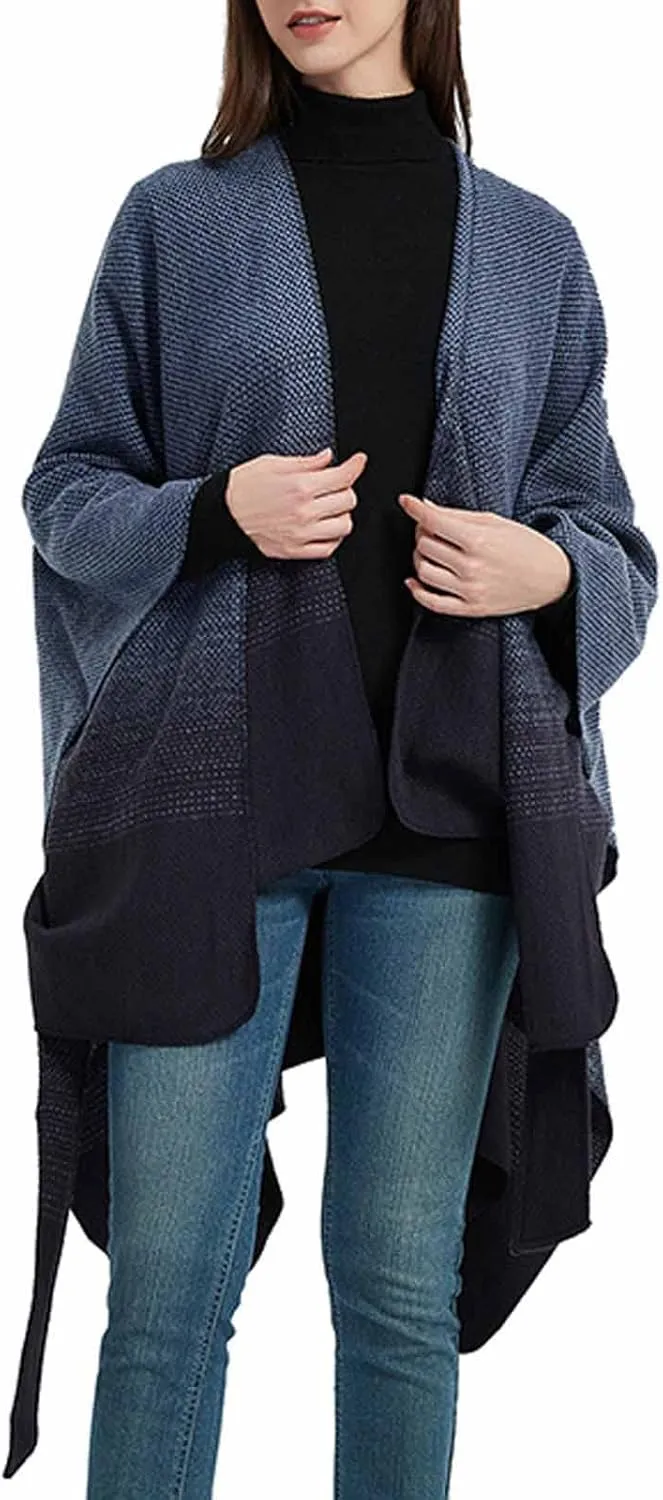 Women's Sweater Poncho Coat, Women's Shawl Wrap Poncho Cape Belt Gradient Cardigan Sweaters Open Front for Fall Winter
