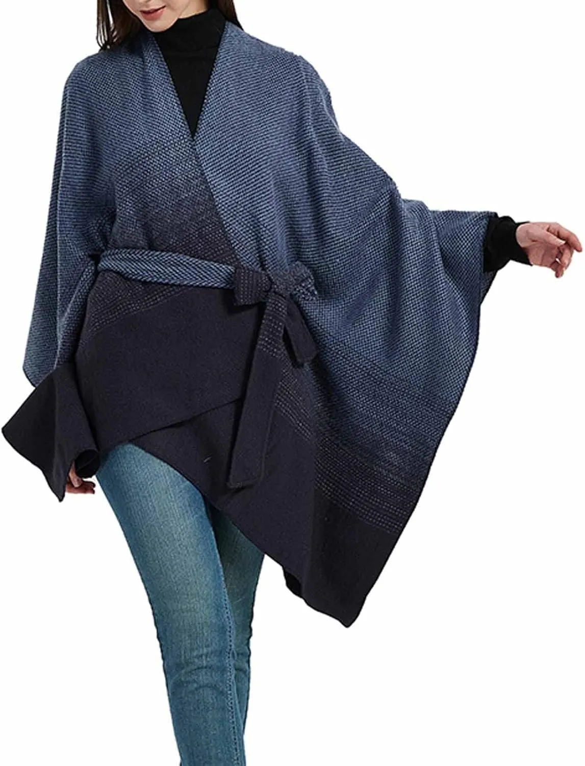 Women's Sweater Poncho Coat, Women's Shawl Wrap Poncho Cape Belt Gradient Cardigan Sweaters Open Front for Fall Winter