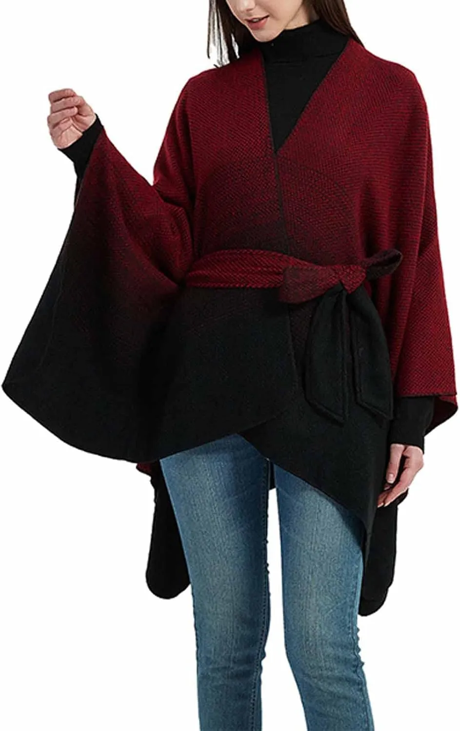 Women's Sweater Poncho Coat, Women's Shawl Wrap Poncho Cape Belt Gradient Cardigan Sweaters Open Front for Fall Winter