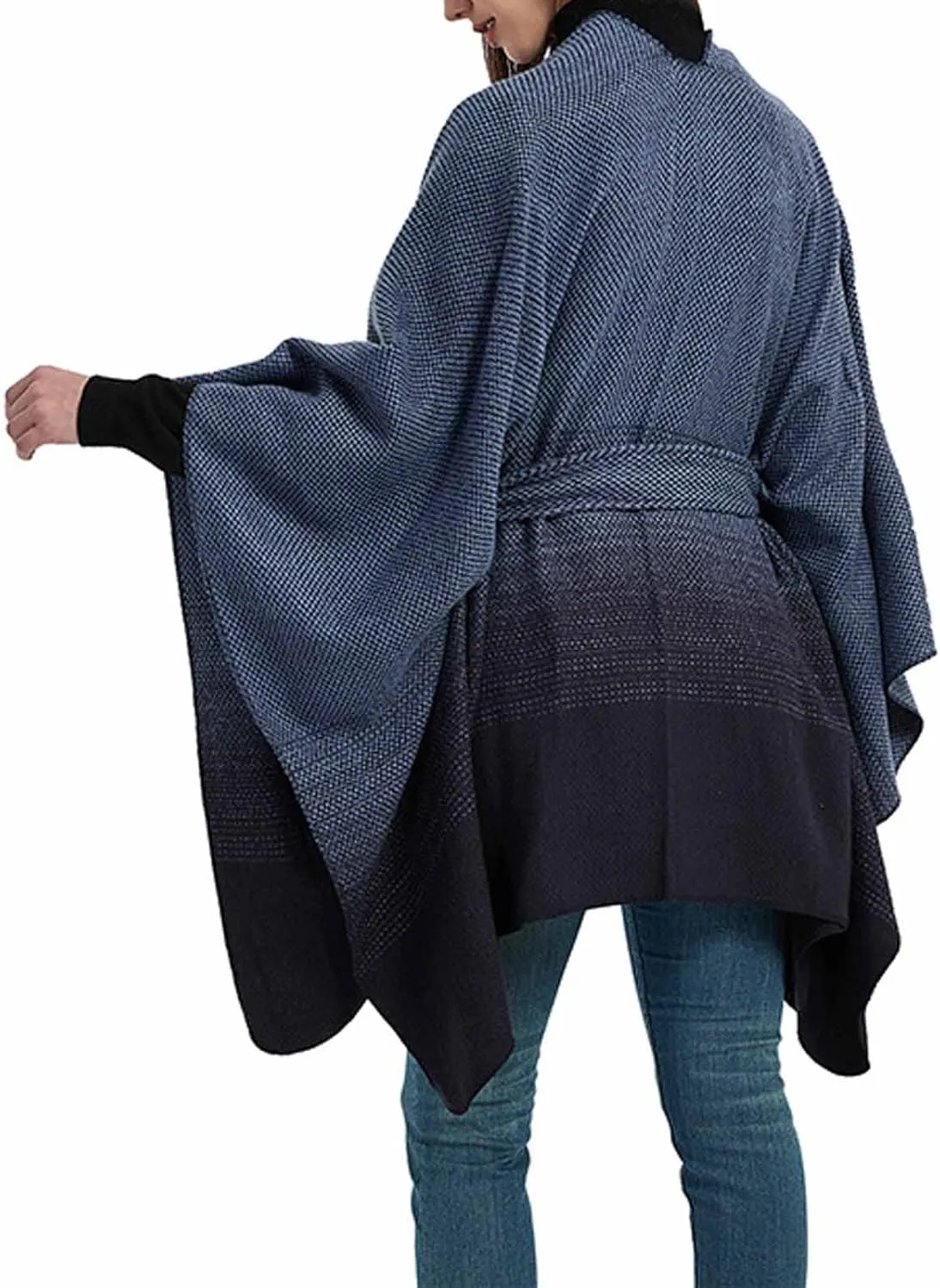 Women's Sweater Poncho Coat, Women's Shawl Wrap Poncho Cape Belt Gradient Cardigan Sweaters Open Front for Fall Winter