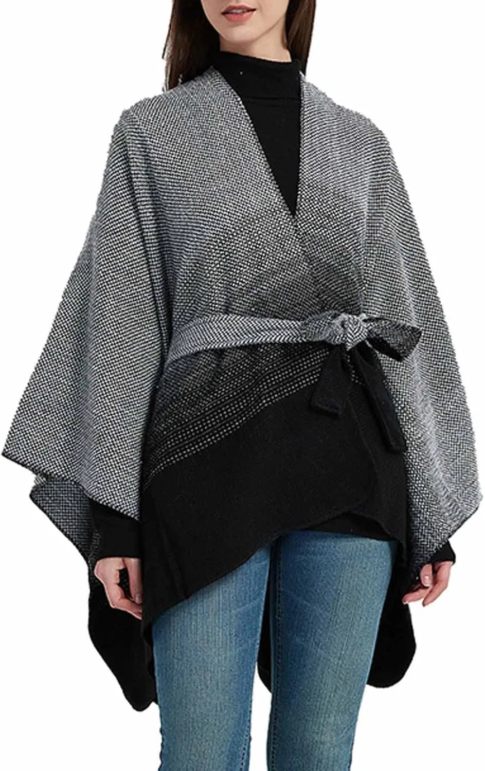 Women's Sweater Poncho Coat, Women's Shawl Wrap Poncho Cape Belt Gradient Cardigan Sweaters Open Front for Fall Winter