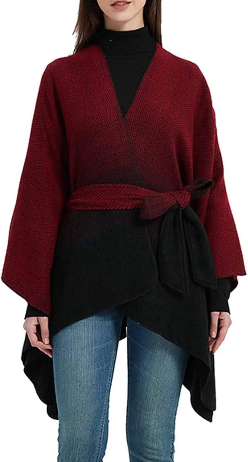Women's Sweater Poncho Coat, Women's Shawl Wrap Poncho Cape Belt Gradient Cardigan Sweaters Open Front for Fall Winter