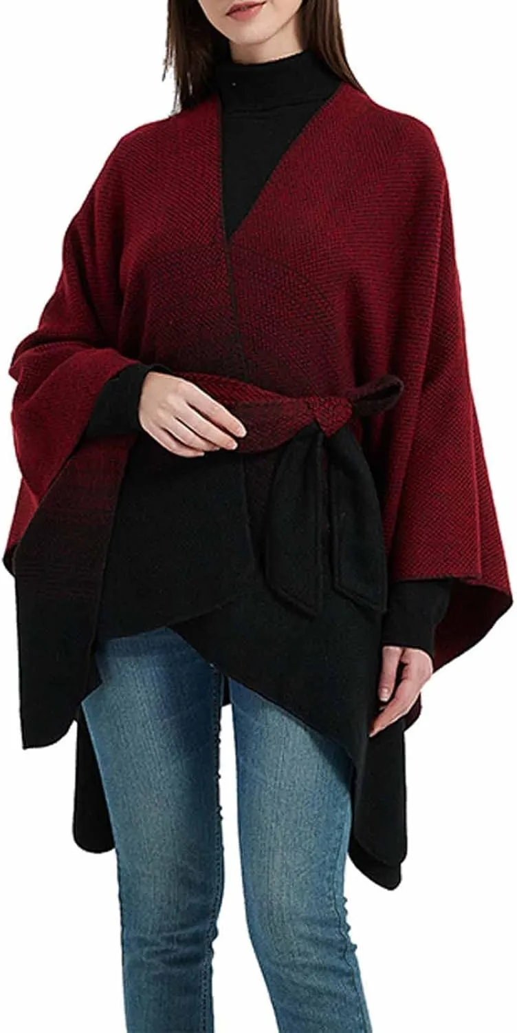 Women's Sweater Poncho Coat, Women's Shawl Wrap Poncho Cape Belt Gradient Cardigan Sweaters Open Front for Fall Winter