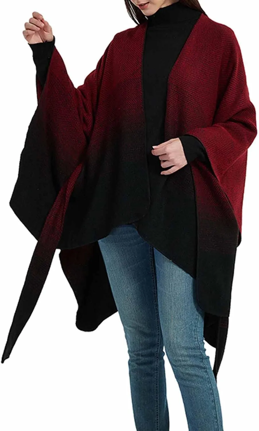 Women's Sweater Poncho Coat, Women's Shawl Wrap Poncho Cape Belt Gradient Cardigan Sweaters Open Front for Fall Winter