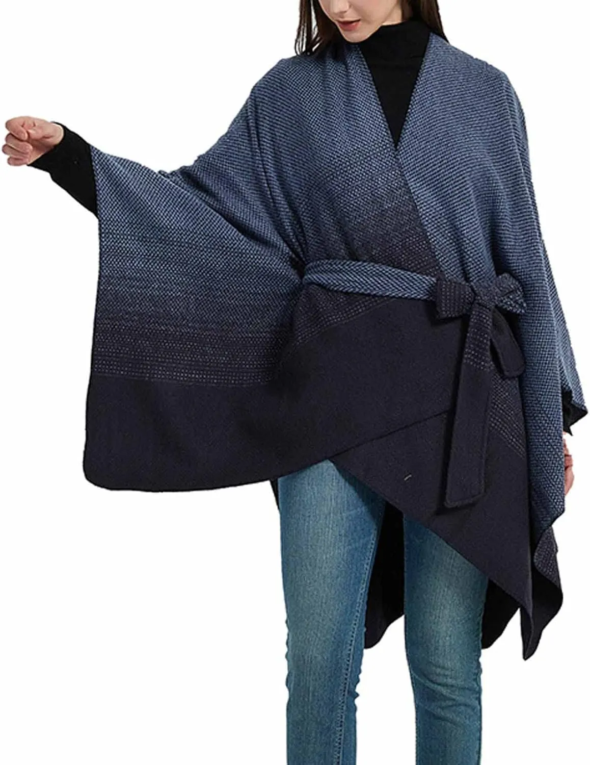 Women's Sweater Poncho Coat, Women's Shawl Wrap Poncho Cape Belt Gradient Cardigan Sweaters Open Front for Fall Winter