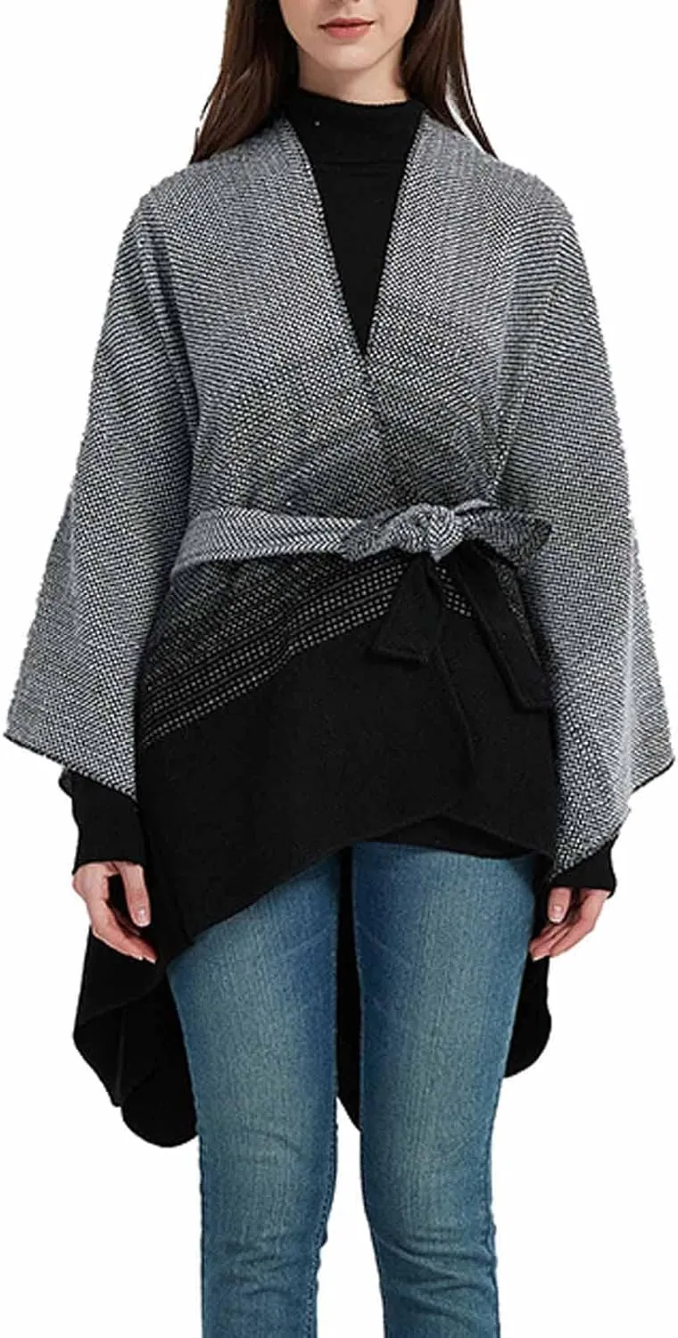 Women's Sweater Poncho Coat, Women's Shawl Wrap Poncho Cape Belt Gradient Cardigan Sweaters Open Front for Fall Winter