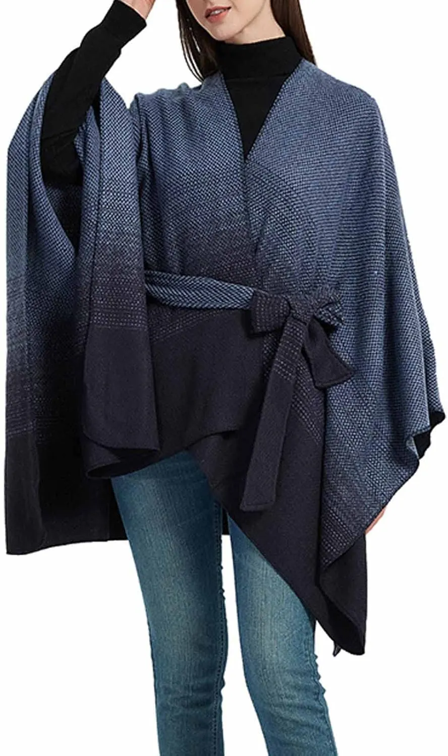 Women's Sweater Poncho Coat, Women's Shawl Wrap Poncho Cape Belt Gradient Cardigan Sweaters Open Front for Fall Winter