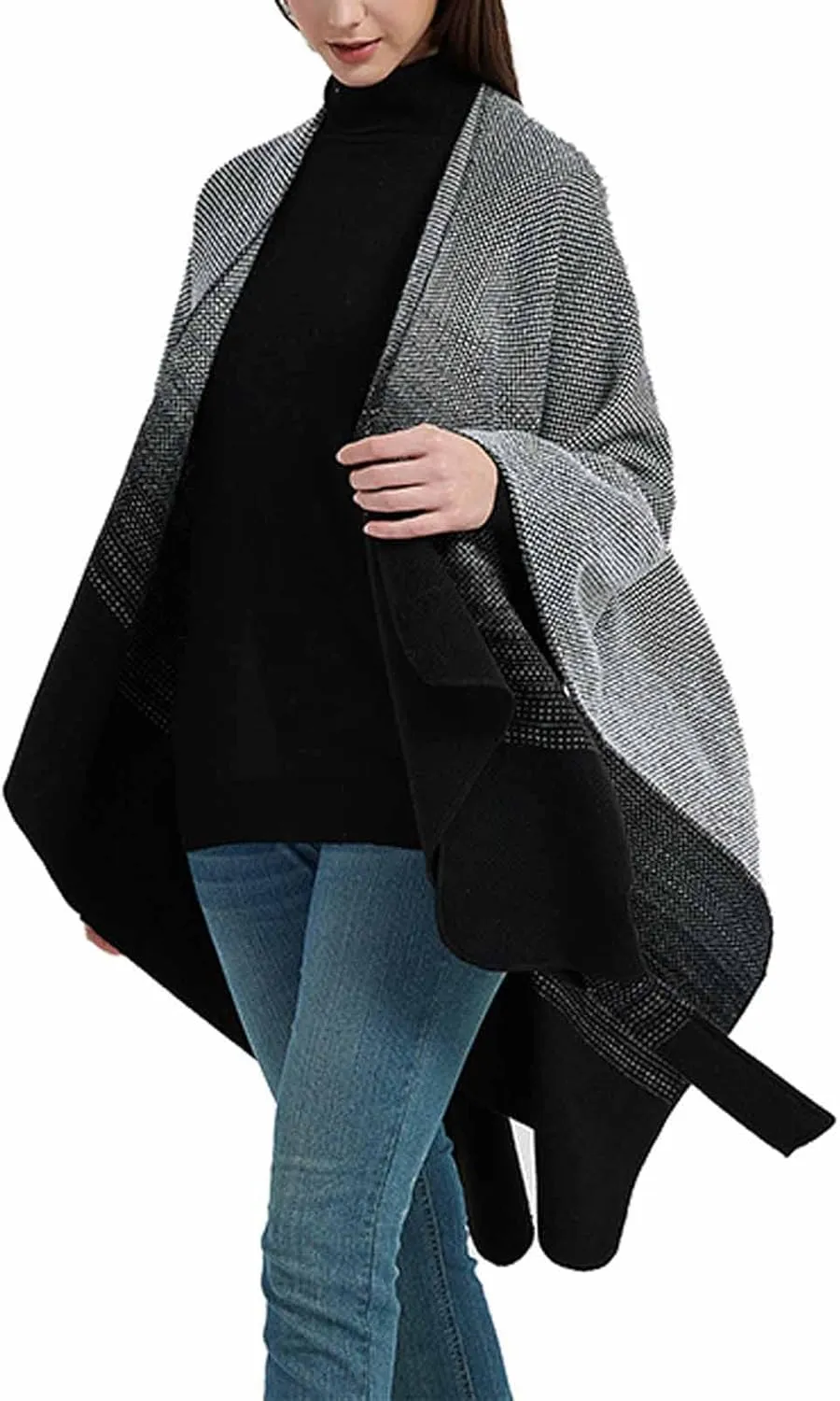 Women's Sweater Poncho Coat, Women's Shawl Wrap Poncho Cape Belt Gradient Cardigan Sweaters Open Front for Fall Winter