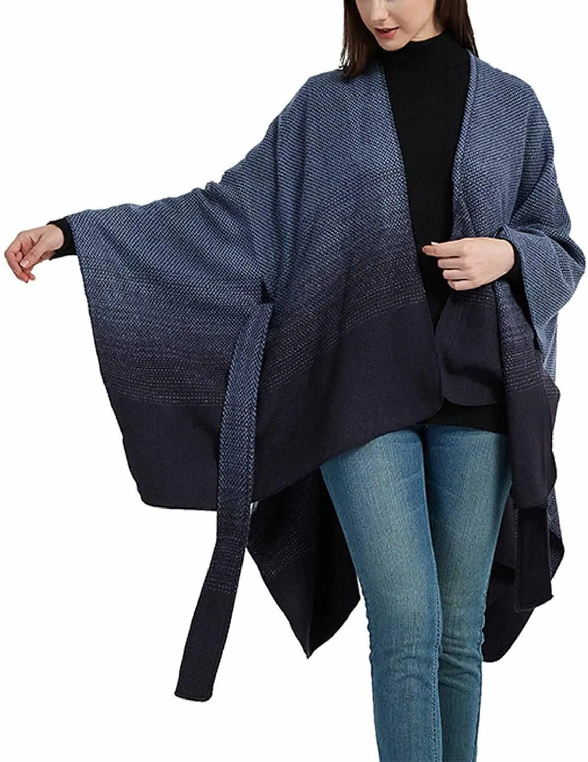 Women's Sweater Poncho Coat, Women's Shawl Wrap Poncho Cape Belt Gradient Cardigan Sweaters Open Front for Fall Winter