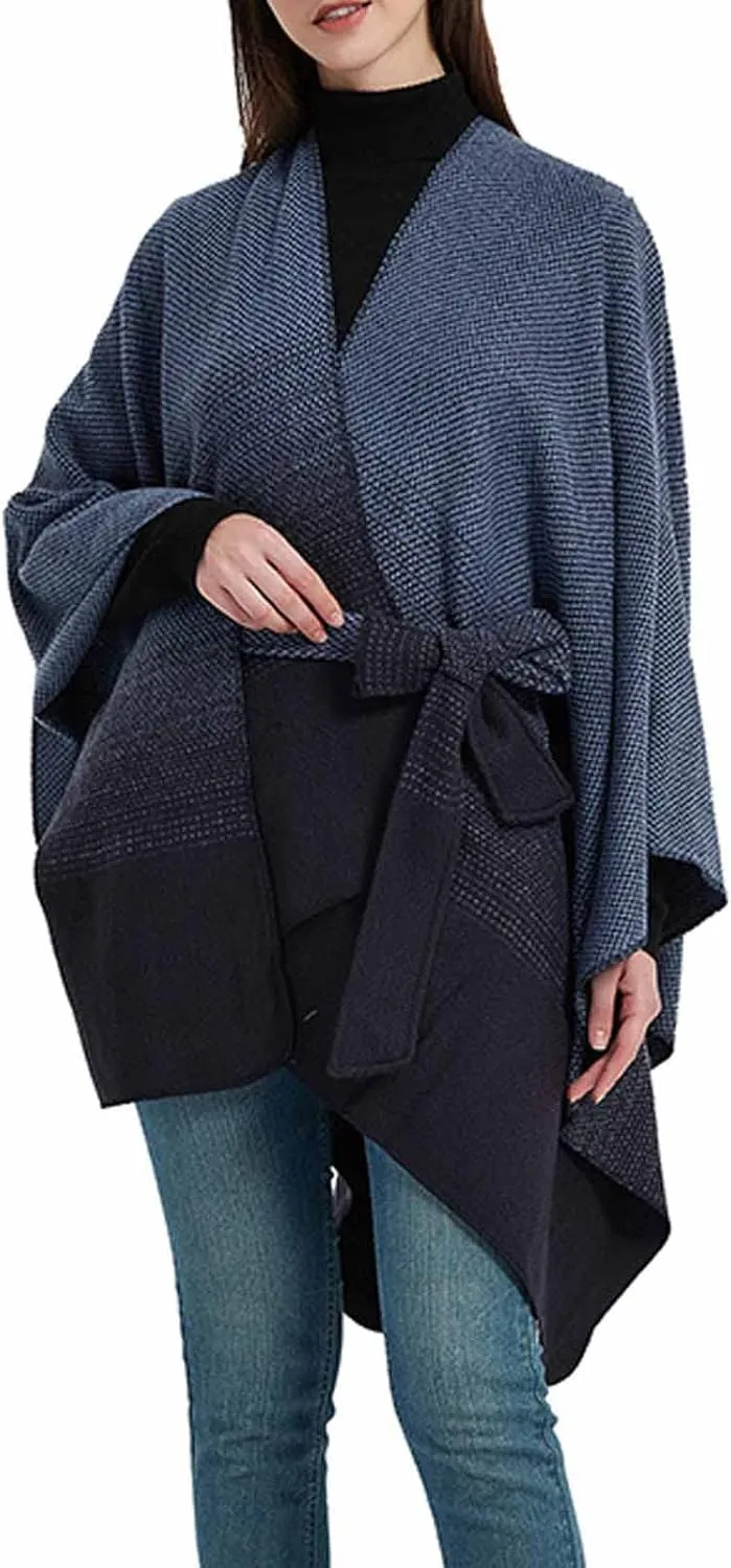Women's Sweater Poncho Coat, Women's Shawl Wrap Poncho Cape Belt Gradient Cardigan Sweaters Open Front for Fall Winter