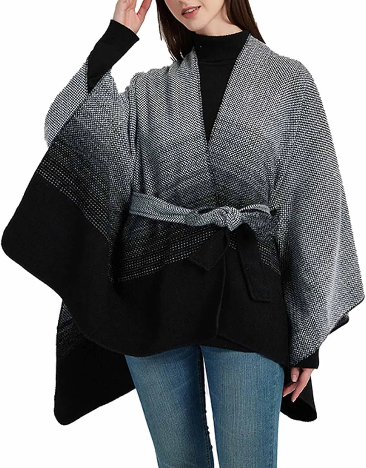 Women's Sweater Poncho Coat, Women's Shawl Wrap Poncho Cape Belt Gradient Cardigan Sweaters Open Front for Fall Winter