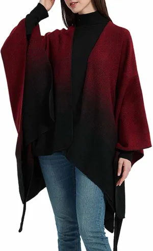 Women's Sweater Poncho Coat, Women's Shawl Wrap Poncho Cape Belt Gradient Cardigan Sweaters Open Front for Fall Winter