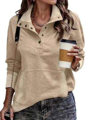 Womens Sweatshirt Casual Long Sleeve Henley Button V Neck Lightweight Sweatshirts Loose Pullover Tops with Pocket