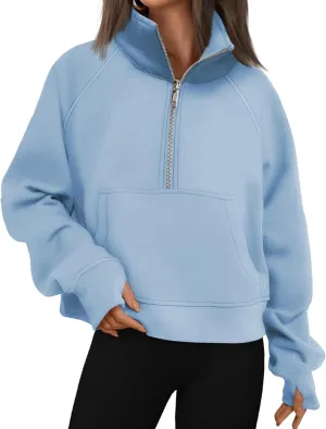 Womens Sweatshirt Half Zip Pullover Fleece Hoodie Quarter Zipper Cropped Sweatshirt Fall Outfits Clothes Thumb Hole