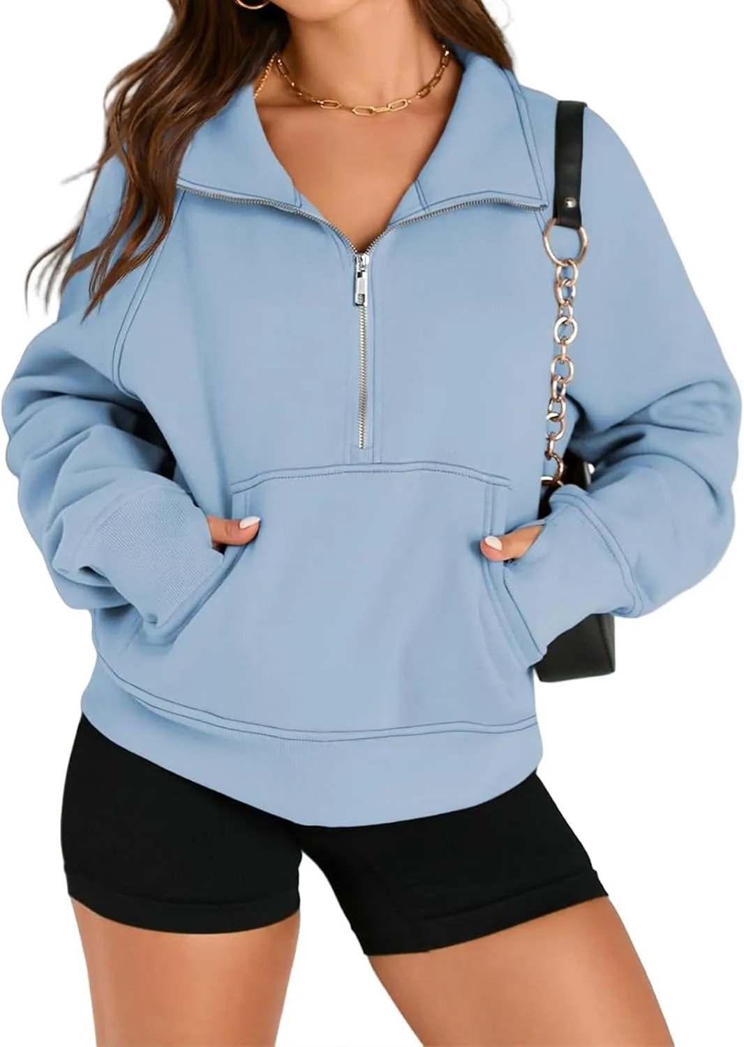 Womens Sweatshirt Half Zip Pullover Fleece Hoodie Quarter Zipper Cropped Sweatshirt Fall Outfits Clothes Thumb Hole