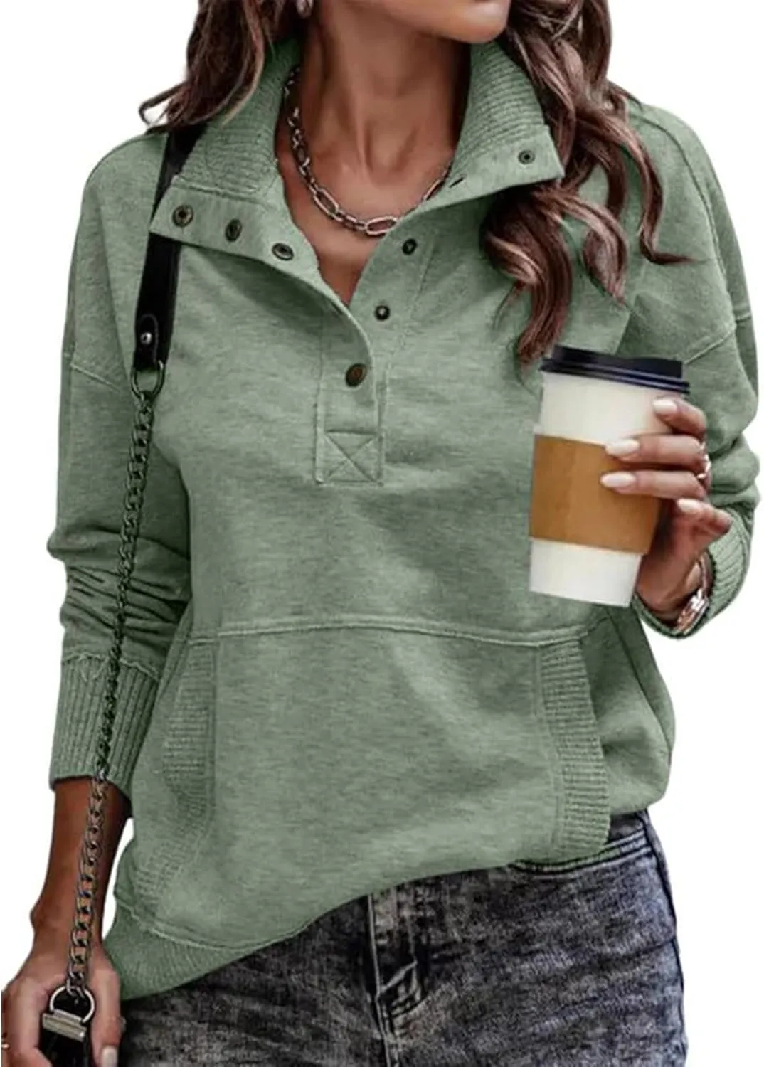 Womens Sweatshirt Henley Button V Neck Sweatshirt Casual Long Sleeve Loose Lightweight Tops 2025 Pullover Tunic Tops