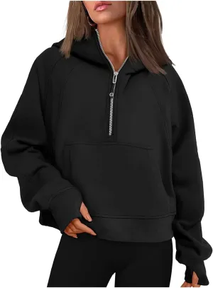 Womens Sweatshirts Half Zip Cropped Pullover Fleece Quarter Zipper Hoodies Spring Outfits Clothes Thumb Hole