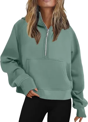 Womens Sweatshirts Half Zip Cropped Pullover Fleece Quarter Zipper Hoodies Thumb Hole Solid Sweatshirt with Pocket