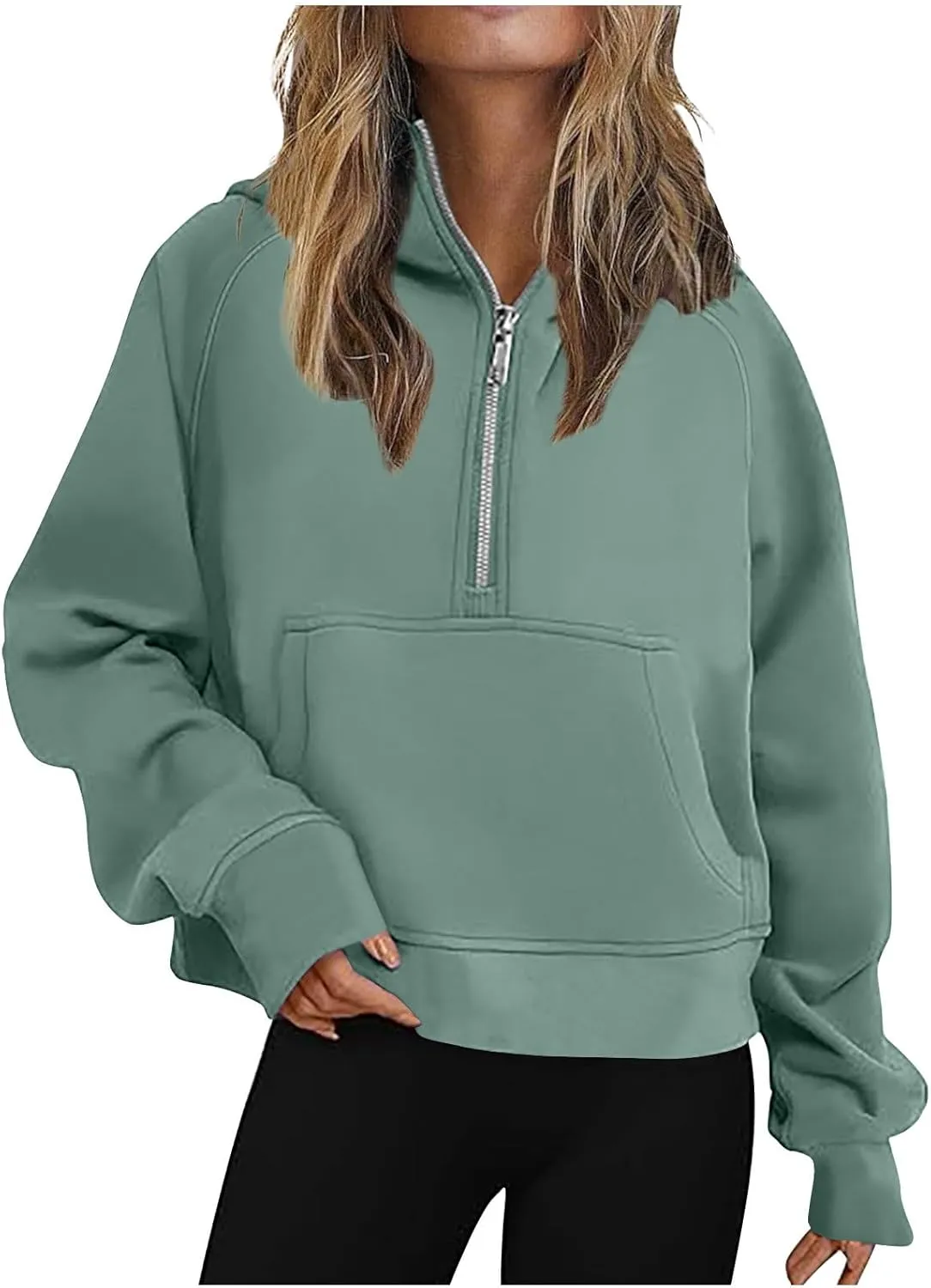 Womens Sweatshirts Half Zip Cropped Pullover Fleece Quarter Zipper Hoodies Thumb Hole Solid Sweatshirt with Pocket