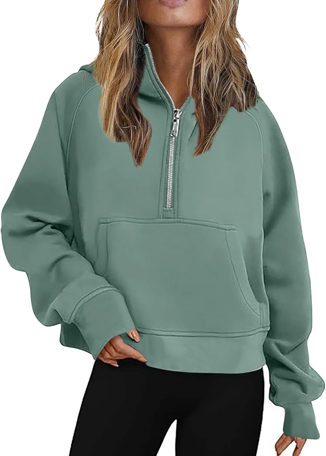 Womens Sweatshirts Half Zip Cropped Pullover Fleece Quarter Zipper Hoodies Thumb Hole Solid Sweatshirt with Pocket