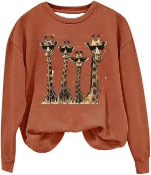 Womens Sweatshirts Pullover Long Sleeve Crewneck Cute Giraffe Graphic Tops Fashion Casual Loose Fleece Sweater Blouses