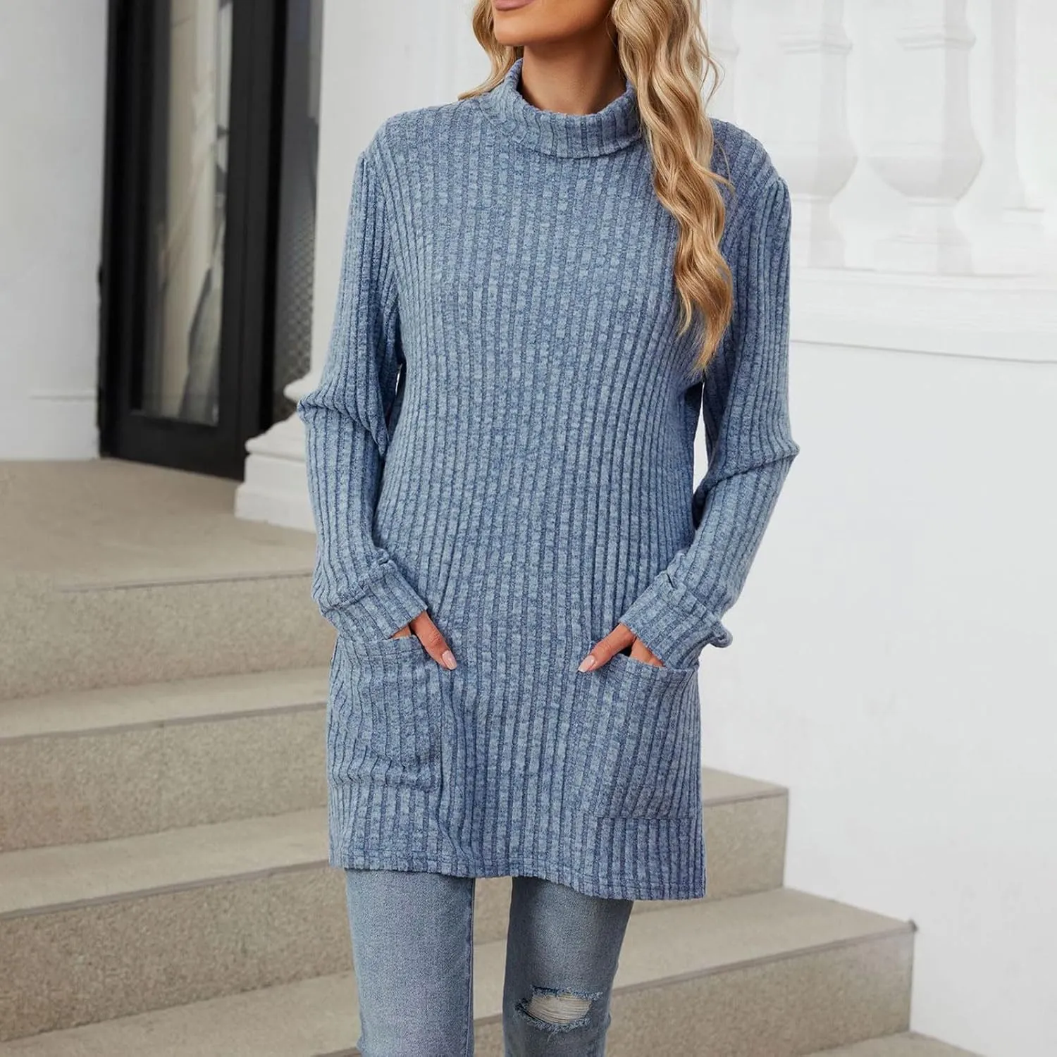 Womens Tunic Tops Sweater Turtleneck Long Sleeve Shirts Oversized Sweaters Pullover with Pockets Fall Fashion 2024