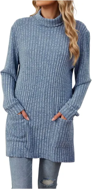 Womens Tunic Tops Sweater Turtleneck Long Sleeve Shirts Oversized Sweaters Pullover with Pockets Fall Fashion 2024