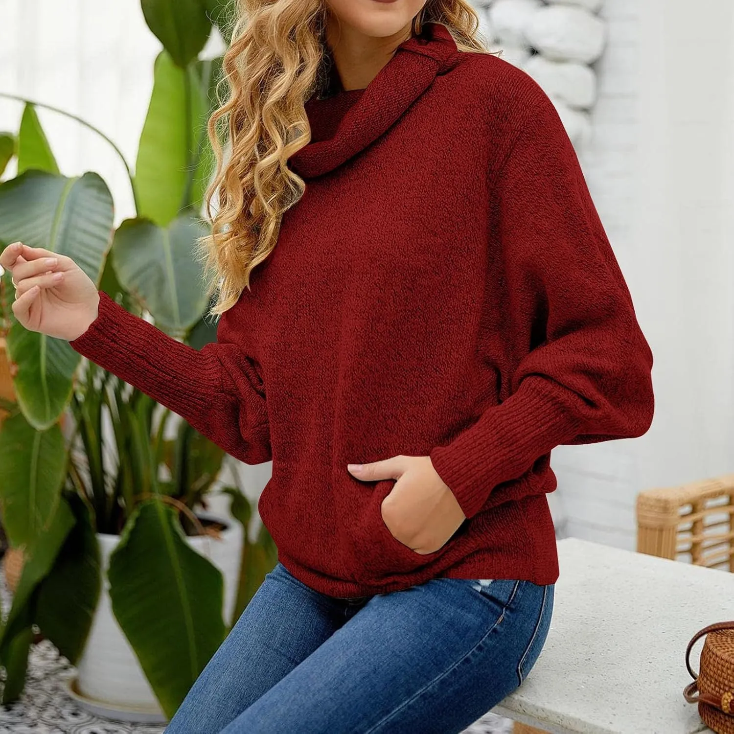 Womens Turtleneck Oversized Tunic Jumper Chunky Knitted Sweaters Winter Fall Warm Drop Shoulder Dressy Pullover Tops