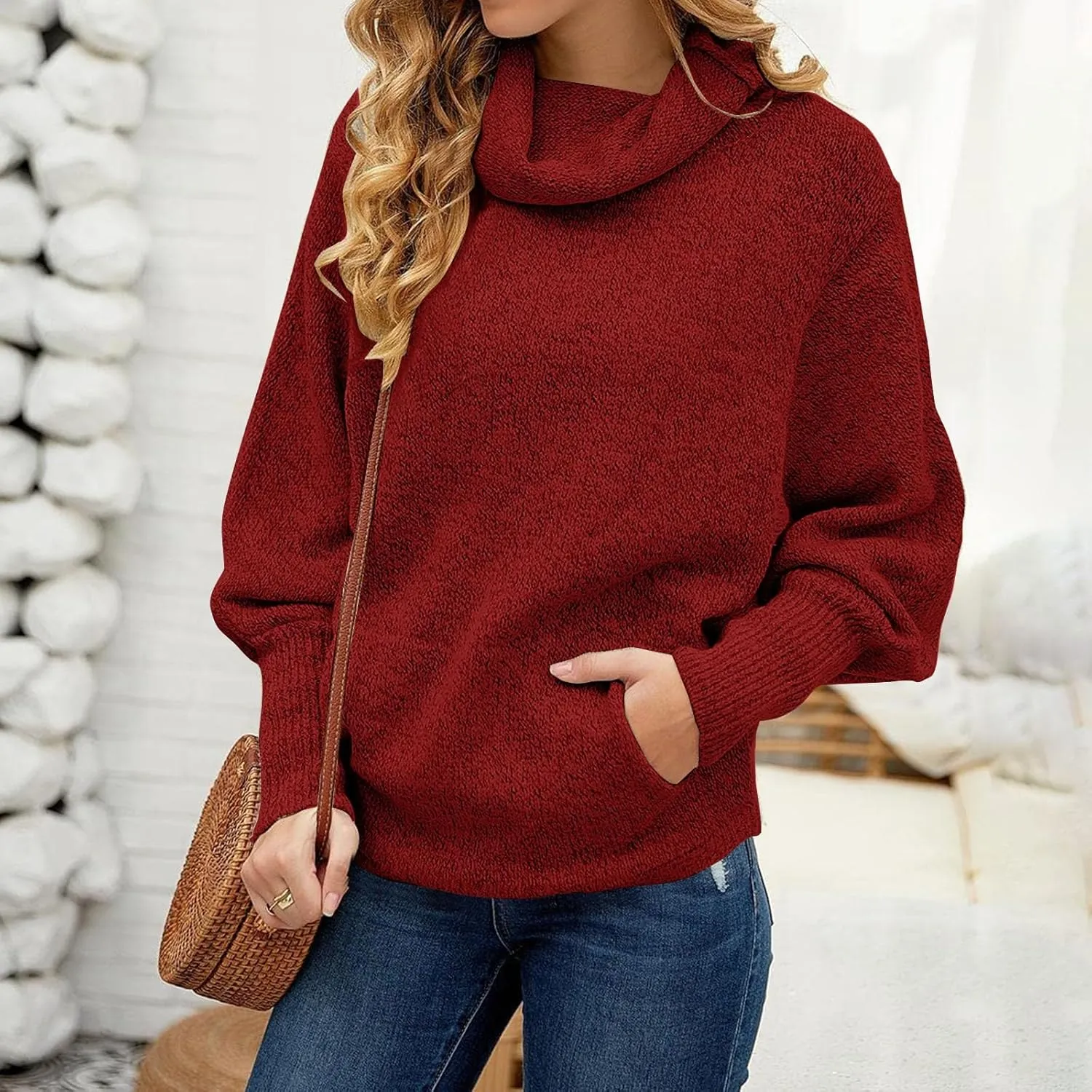 Womens Turtleneck Oversized Tunic Jumper Chunky Knitted Sweaters Winter Fall Warm Drop Shoulder Dressy Pullover Tops