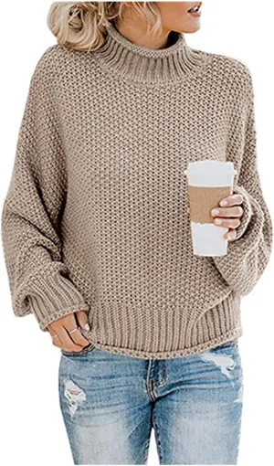 Womens Turtleneck Sweater Oversized Batwing Sleeve Chunky Knitted Pullover Sweater Jumper