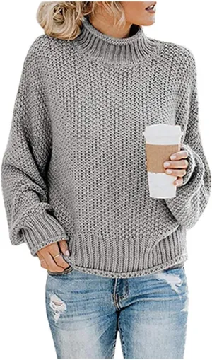 Womens Turtleneck Sweater Oversized Batwing Sleeve Chunky Knitted Pullover Sweater Jumper