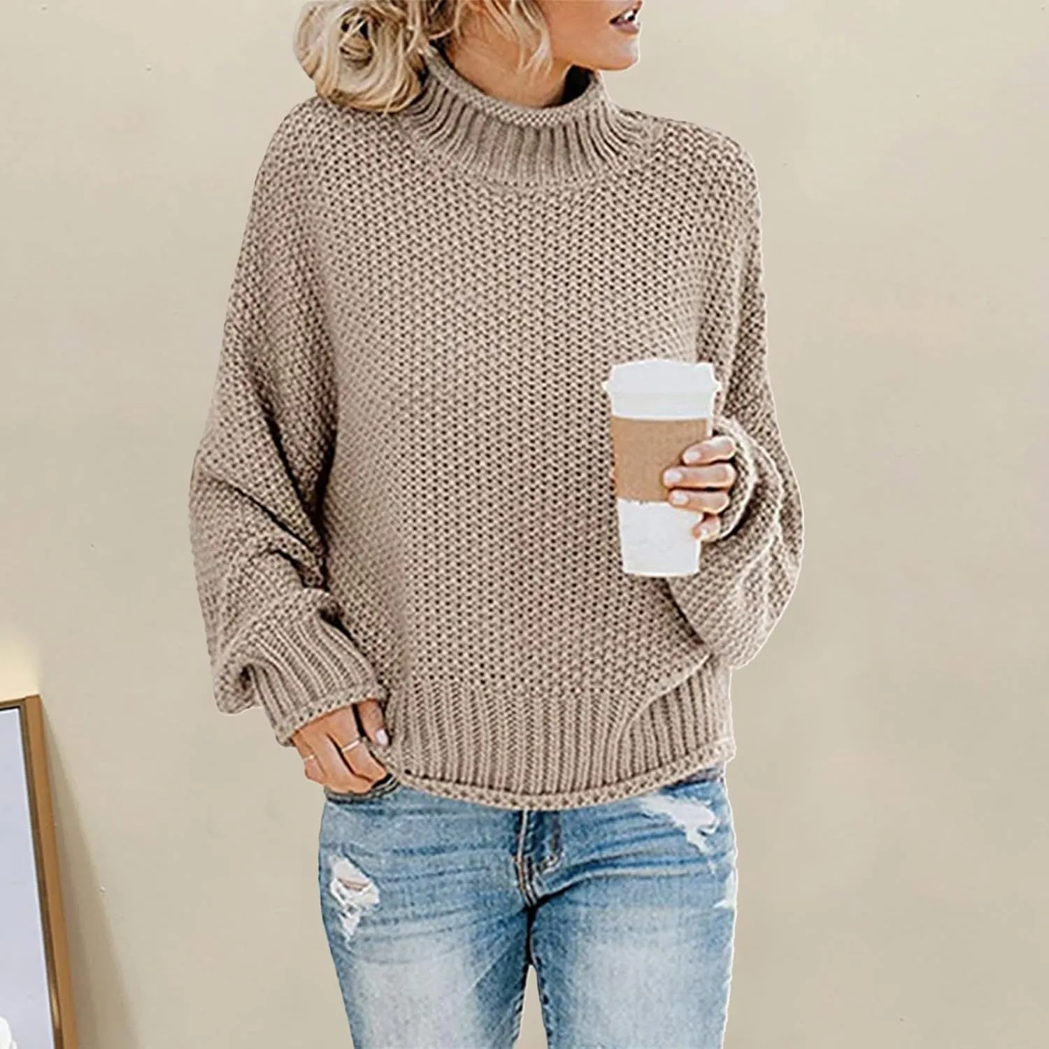 Womens Turtleneck Sweater Oversized Batwing Sleeve Chunky Knitted Pullover Sweater Jumper