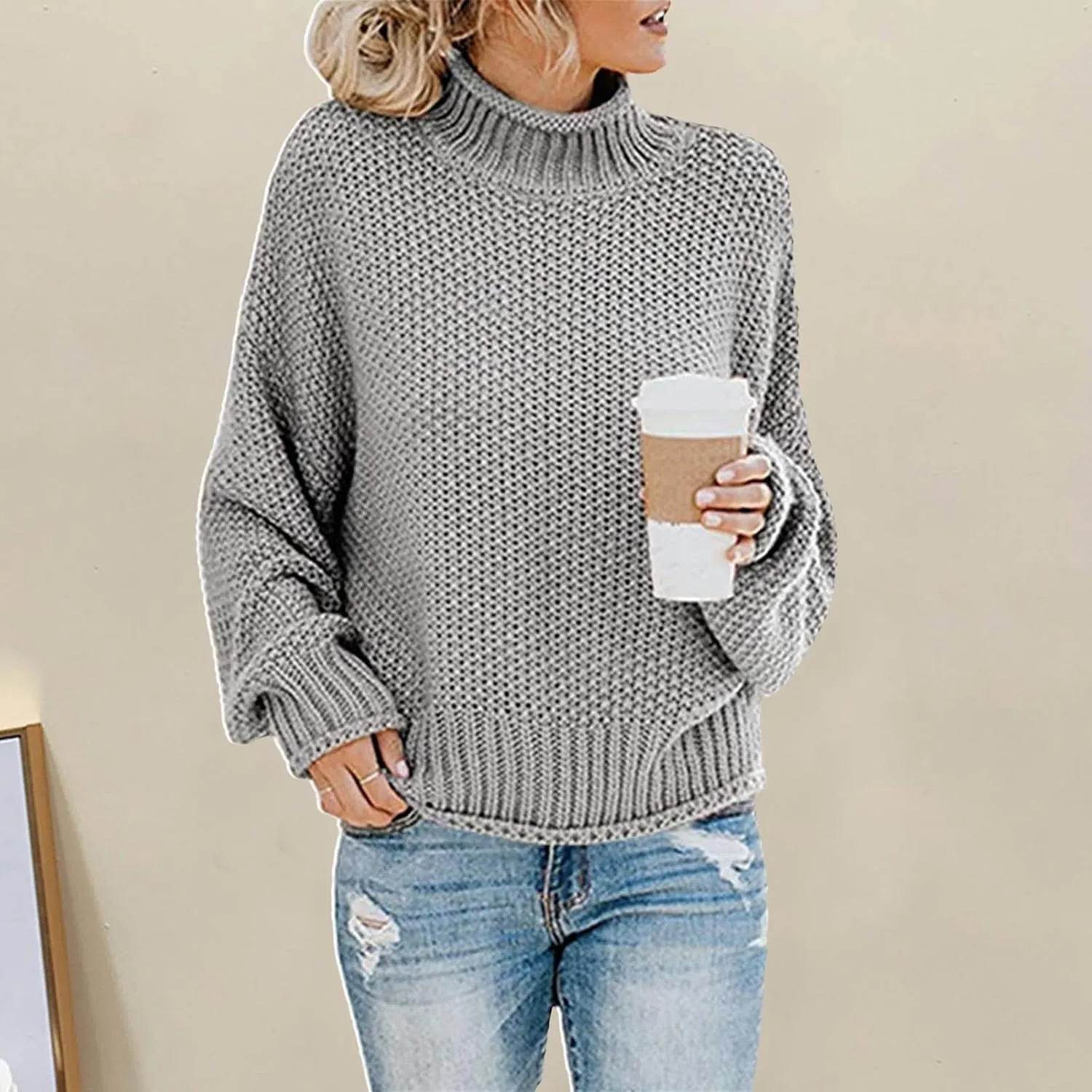 Womens Turtleneck Sweater Oversized Batwing Sleeve Chunky Knitted Pullover Sweater Jumper