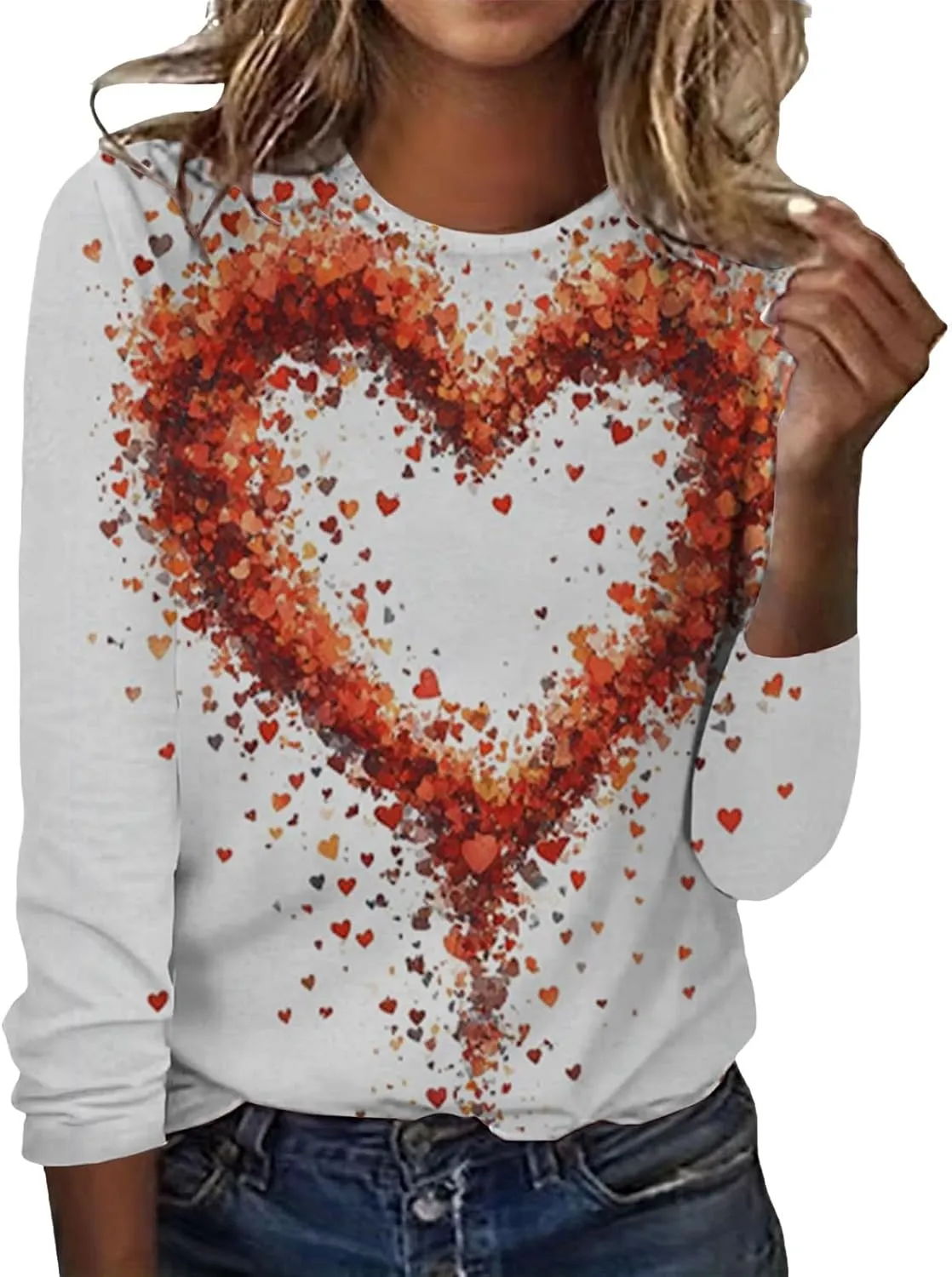 Womens Valentines Shirt Love Heart Print Long Sleeve Crewneck Sweatshirt Loose Casual Fit Basic 2025 Spring Pullover