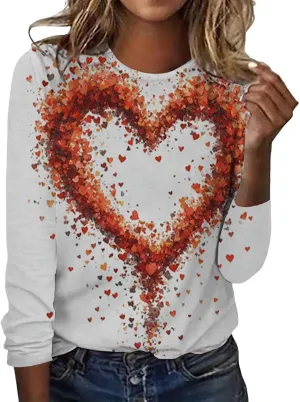 Womens Valentines Shirt Love Heart Print Long Sleeve Crewneck Sweatshirt Loose Casual Fit Basic 2025 Spring Pullover