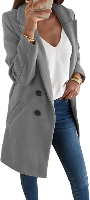 Womens Warm Winter Coat Double-Breasted Wool Blend Peacoat Fashion Notched Collar Overcoat