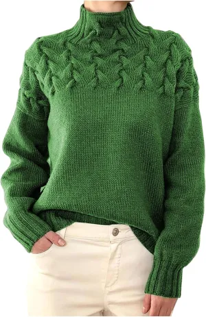 Womens Winter Casual Long Sleeve Solid Color Cable Knit Balloon Sleeve Mock Neck Sweater Warm Basic Pullover
