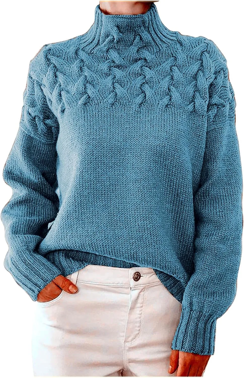 Womens Winter Casual Long Sleeve Solid Color Cable Knit Balloon Sleeve Mock Neck Sweater Warm Basic Pullover