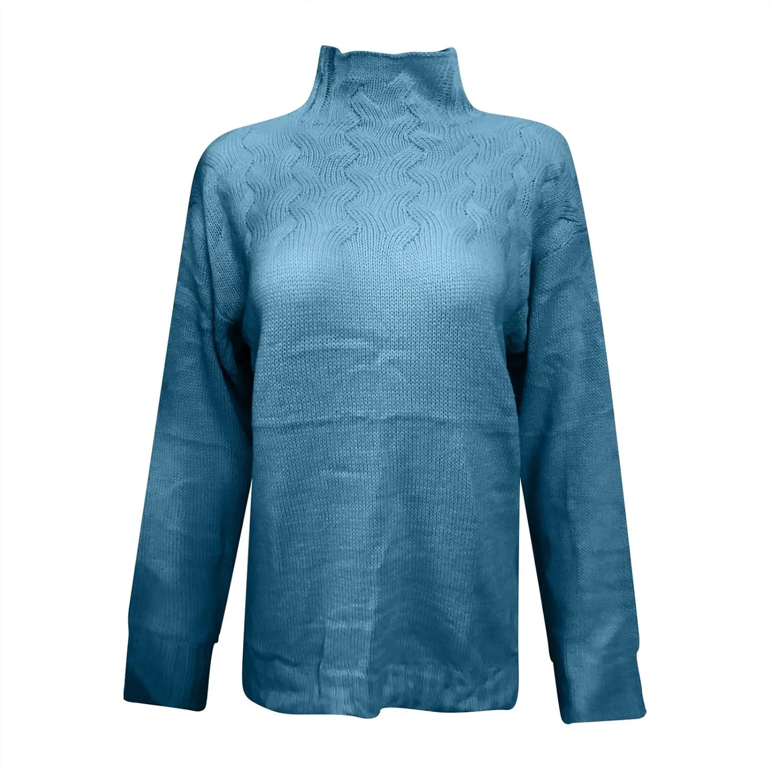Womens Winter Casual Long Sleeve Solid Color Cable Knit Balloon Sleeve Mock Neck Sweater Warm Basic Pullover