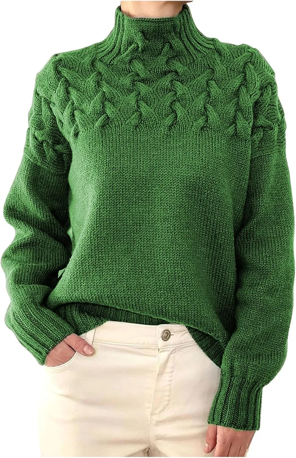 Womens Winter Casual Long Sleeve Solid Color Cable Knit Balloon Sleeve Mock Neck Sweater Warm Basic Pullover