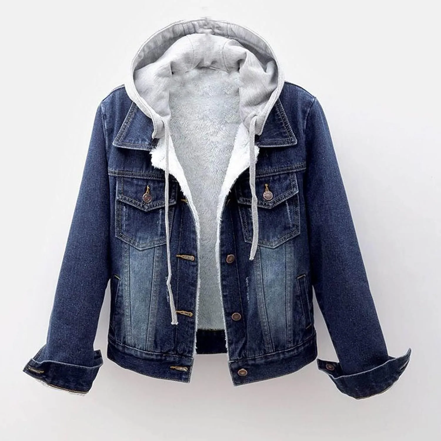 Women's Winter Detachable Hoodie Sherpa Fur Fleece Lined Denim Jean Trucker Jacket Coat