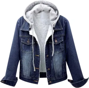 Women's Winter Detachable Hoodie Sherpa Fur Fleece Lined Denim Jean Trucker Jacket Coat