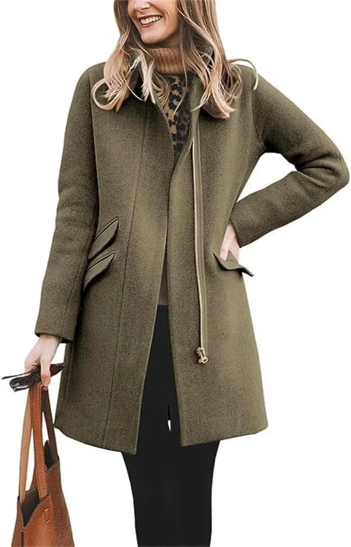 Women's Winter Wool Blend Mid-Long Coat Notch Lapel Trench Coat Outwear