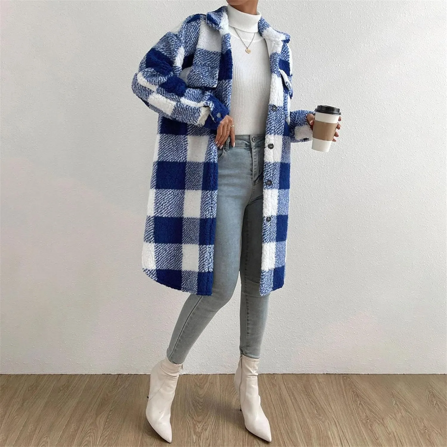 Women's Winter Wool Coat Casual Down Lapel Plush Plaid Coat Loose Long Coat Coat for Women Woman Coat Women's
