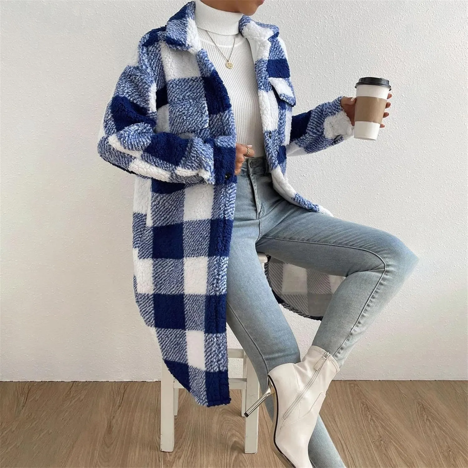 Women's Winter Wool Coat Casual Down Lapel Plush Plaid Coat Loose Long Coat Coat for Women Woman Coat Women's