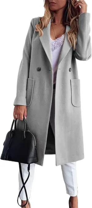 Women's Winter Wool Double Breasted Pea Coat Midi Long Warm Wool Blend Trench Coat