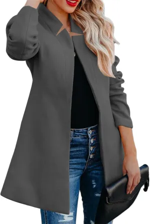 Womens Wool Blend Coat Business Casual Lapel Button Down Mid Long Pea Coat Winter Open Front Cardigans Outwear