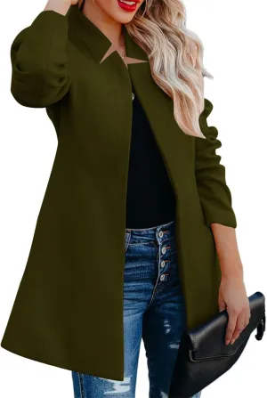 Womens Wool Blend Coat Business Casual Lapel Button Down Mid Long Pea Coat Winter Open Front Cardigans Outwear